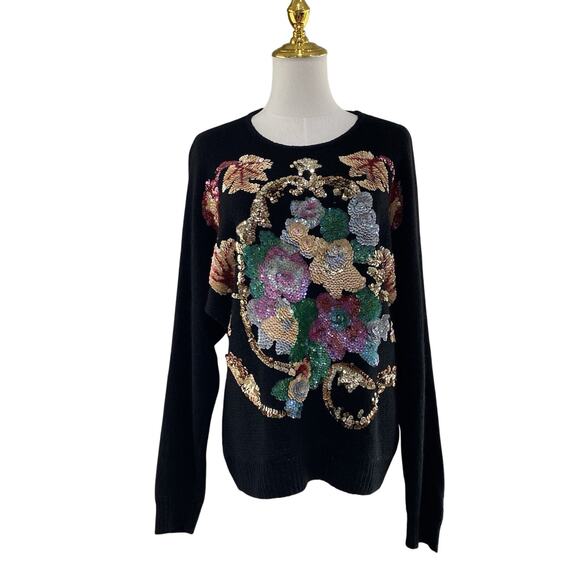 Vintage 80s Black Silk & Angora Blend Sequin Flowers Embellished Sweater Size M - Picture 1 of 11